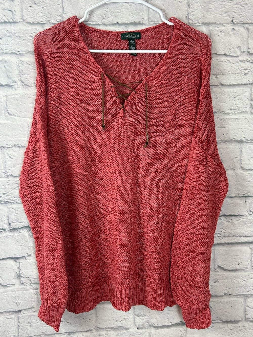 Lauren Ralph Lauren XL Linen Cotton Open Knit Lace Up Sweater Coral